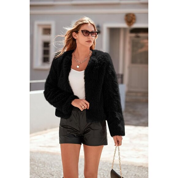Women’s Black Winter Coats Fleece Cropped Jacket Faux Fur Warm Shaggy Outerwear - Picture 3 of 9